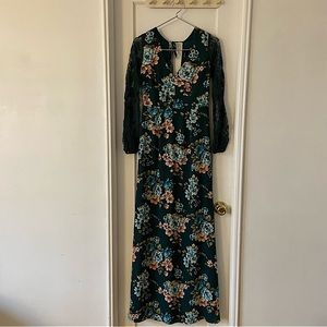 Forever 21 Dark Green Flower Print Arm Lace Maxi Dress